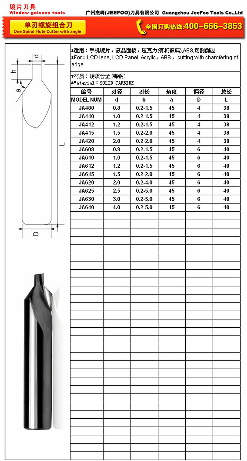 JA-One Spiral Flute Cutter with angle specifications