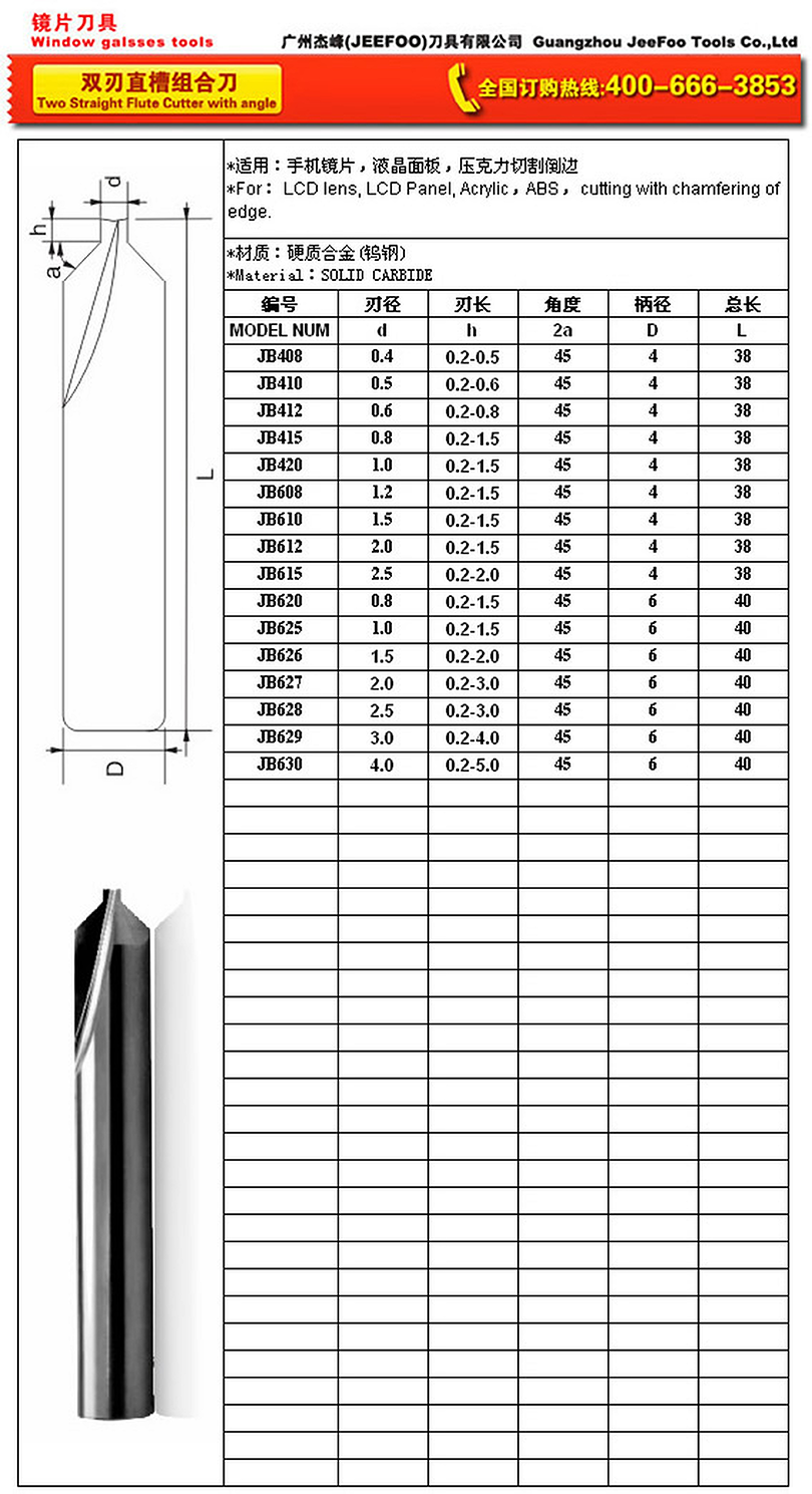 JB-Two Straight Flute Cutter with angle specifications