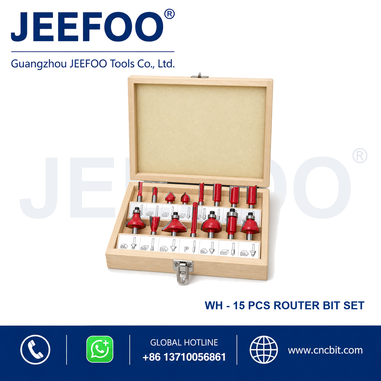 15-piece woodworking router bit set in storage case